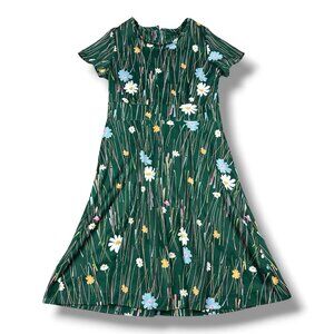 Vtg 70's Women's Shift Dress Green Retro Floral Print Polyester 32” W 40” L